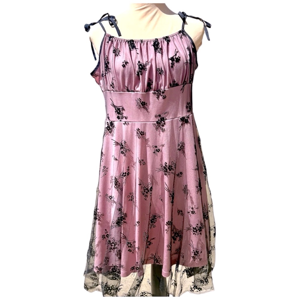 Black Floral Lace over Pink Adjustable Shoulder Sundress Women's Size Large